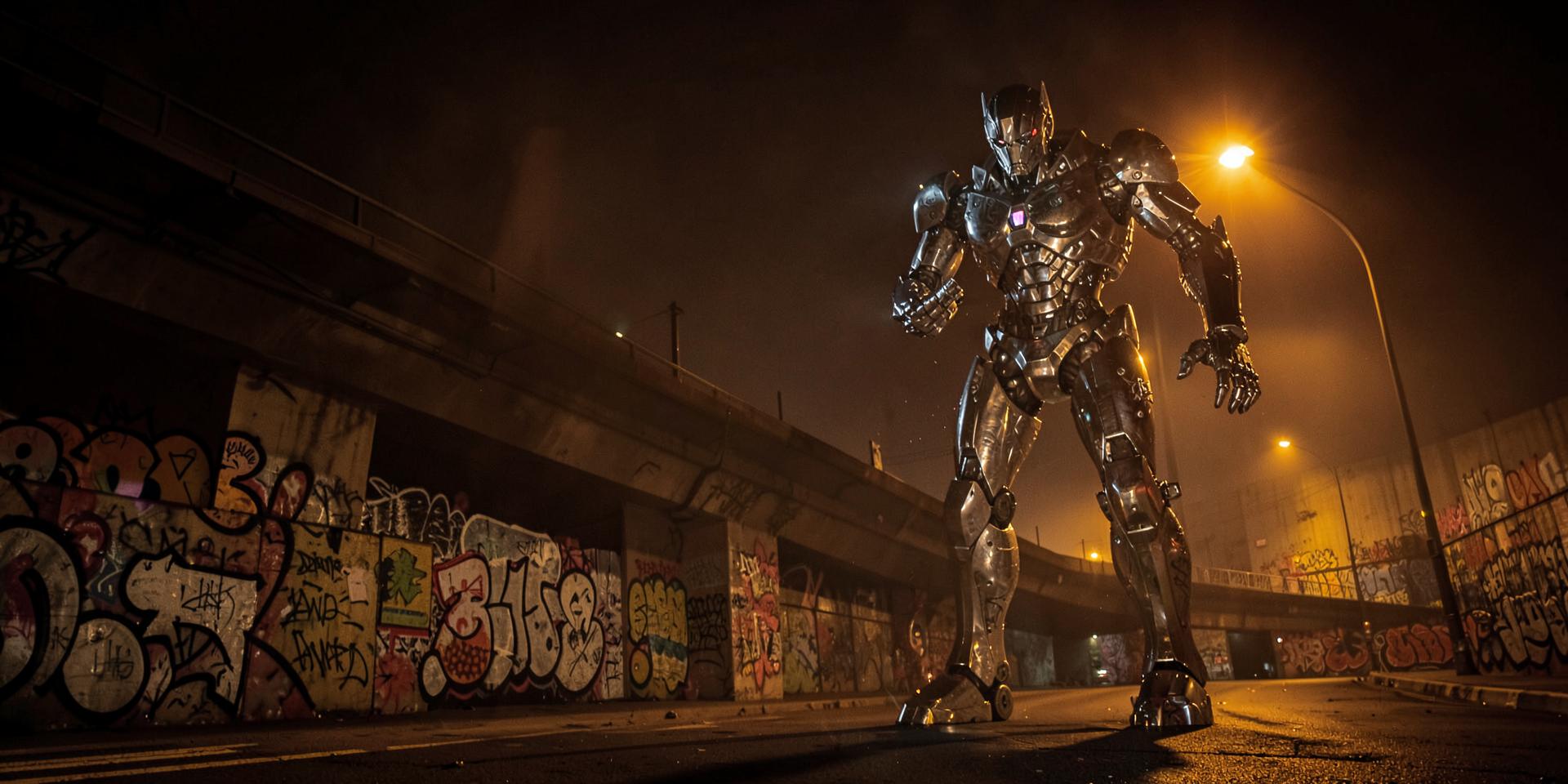 Chrome robot standing in a graffiti-covered underpass at night