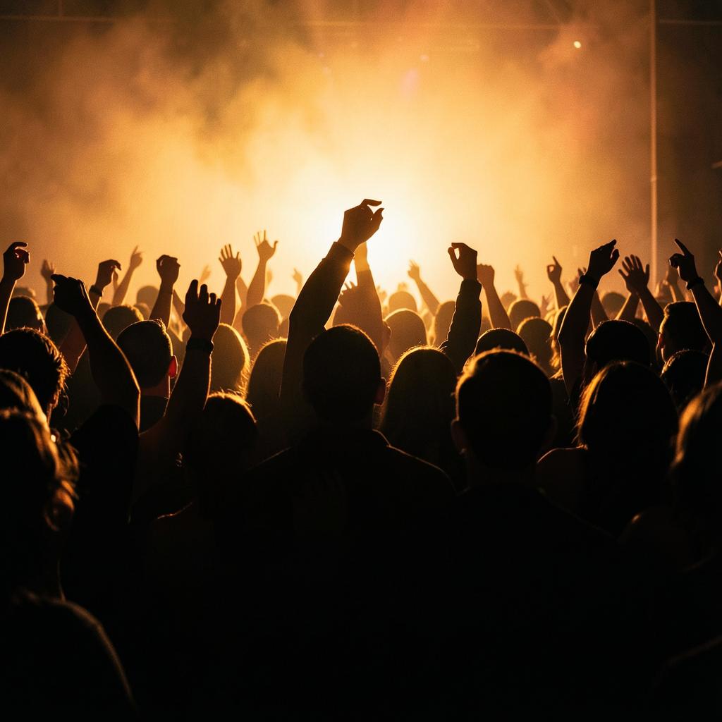 Crowd silhouettes lit by warm amber haze