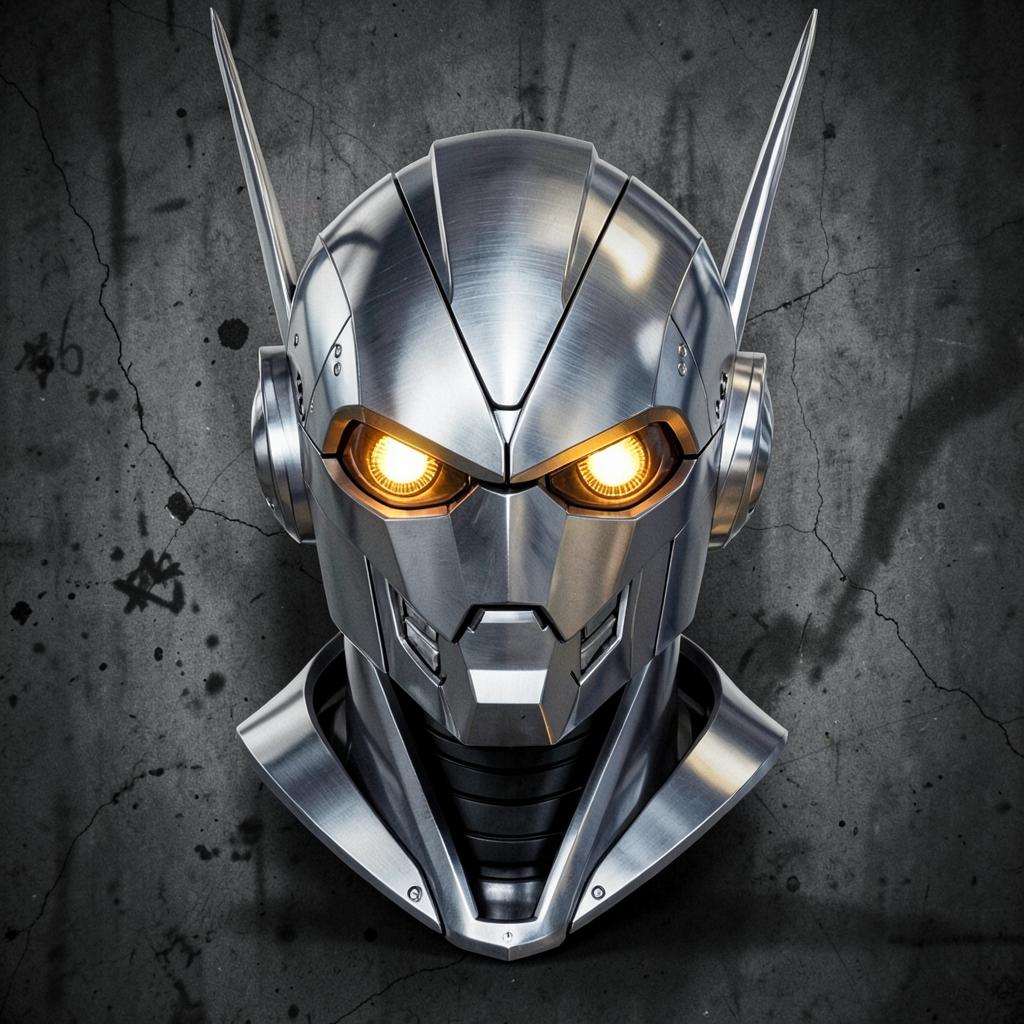 Chrome robot head with glowing amber eyes