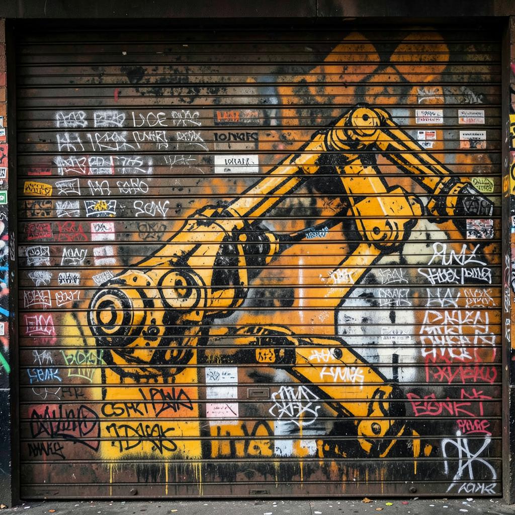 London shop shutter covered in tags and a stencilled robot arm
