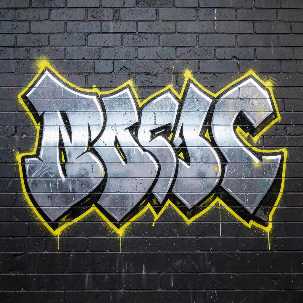 Chrome graffiti piece on a dark brick wall